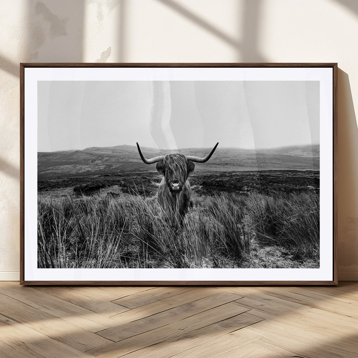 Black and White Highland Cow Canvas Wall Art, Longhorn