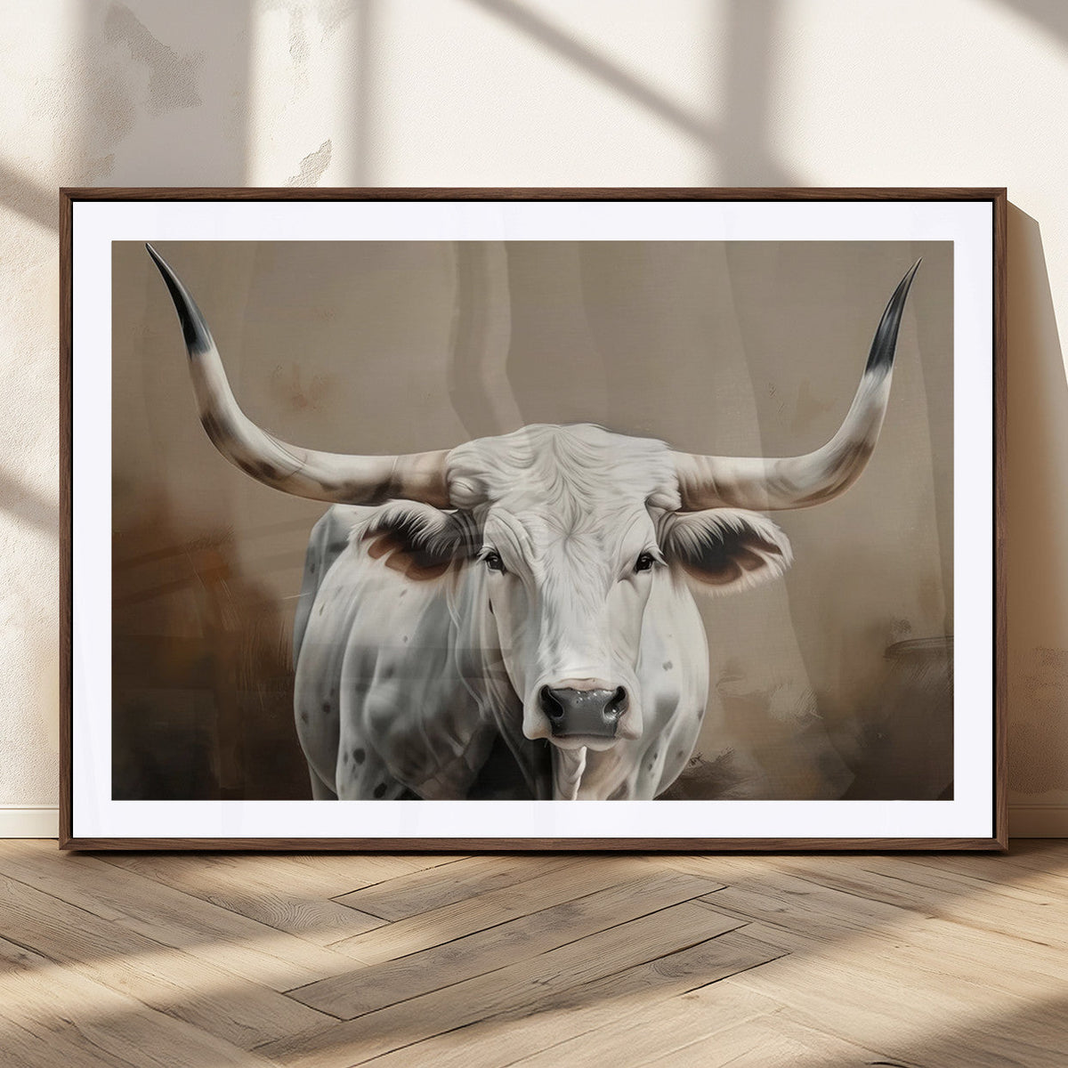 White Longhorn Bull Wall Art Canvas Print – Framed and Ready