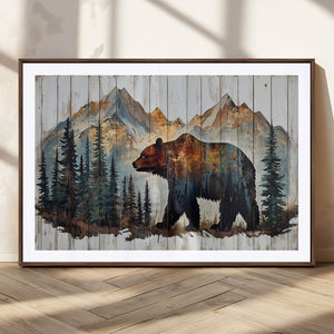 Rustic Grizzly 399 Bear and Mountain Wood Canvas Wall Art -