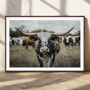 Texas Longhorn Wall Art – Framed Speckled Cow Canvas