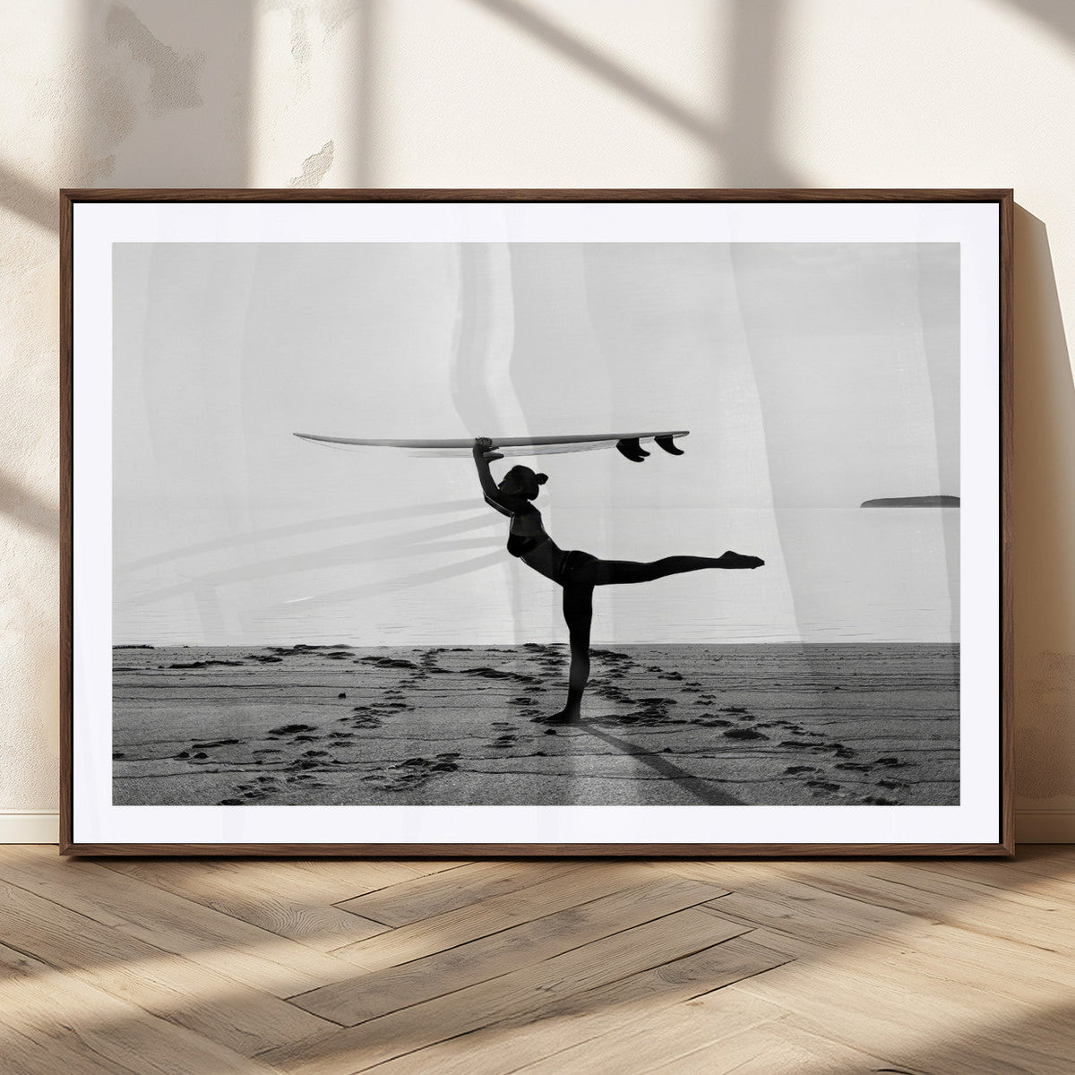 Yoga Surf Wall Art Canvas Print – Framed Black White Shore