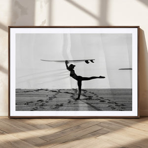 Yoga Surf Wall Art Canvas Print – Framed Black White Shore