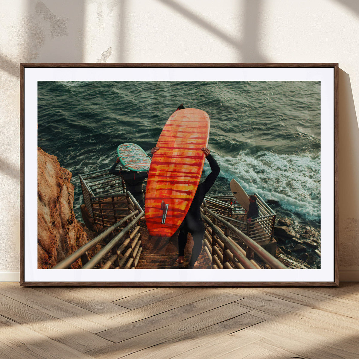 Surfer Stairway Wall Art – Framed Ocean Surf Canvas Artwork,