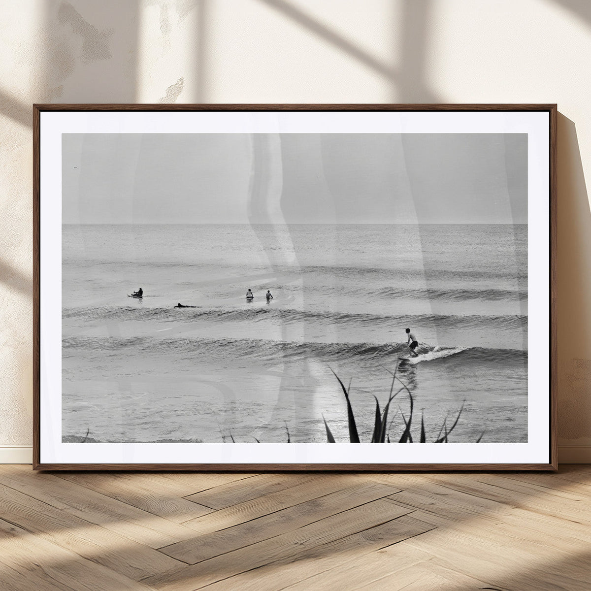 Surfer Silhouette Wall Art – Framed Calm Ocean Monochrome