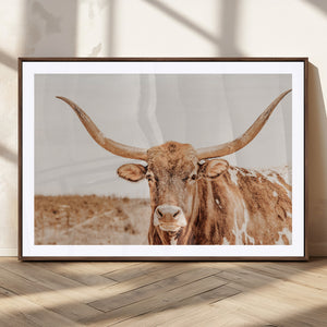 Texas Longhorn Wall Art Canvas Print – Framed Sepia Cow Art