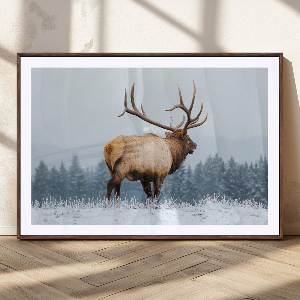 Elk Wall Art Canvas Print – Framed Snowy Forest Scene Art