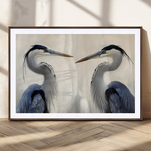Blue Heron Pair Wall Art Canvas Print, Framed Coastal Bird