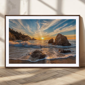 Rocky Ocean Sunset Wall Art Print – Seaside Canvas Dramatic