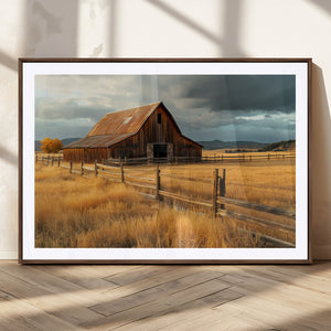Golden Sunset Barn Wall Art Canvas Print, Rustic Autumn Farm