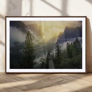 Misty Mountain Valley Wall Art Canvas Print, Golden Sunrise