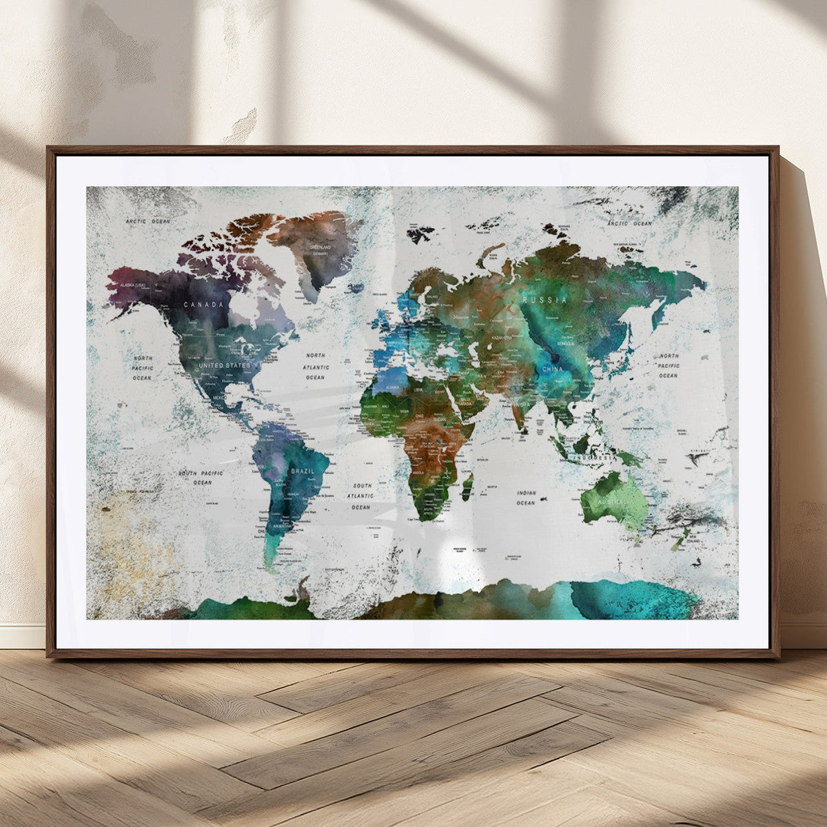 Modern Watercolor World Map Canvas Wall Art – Framed
