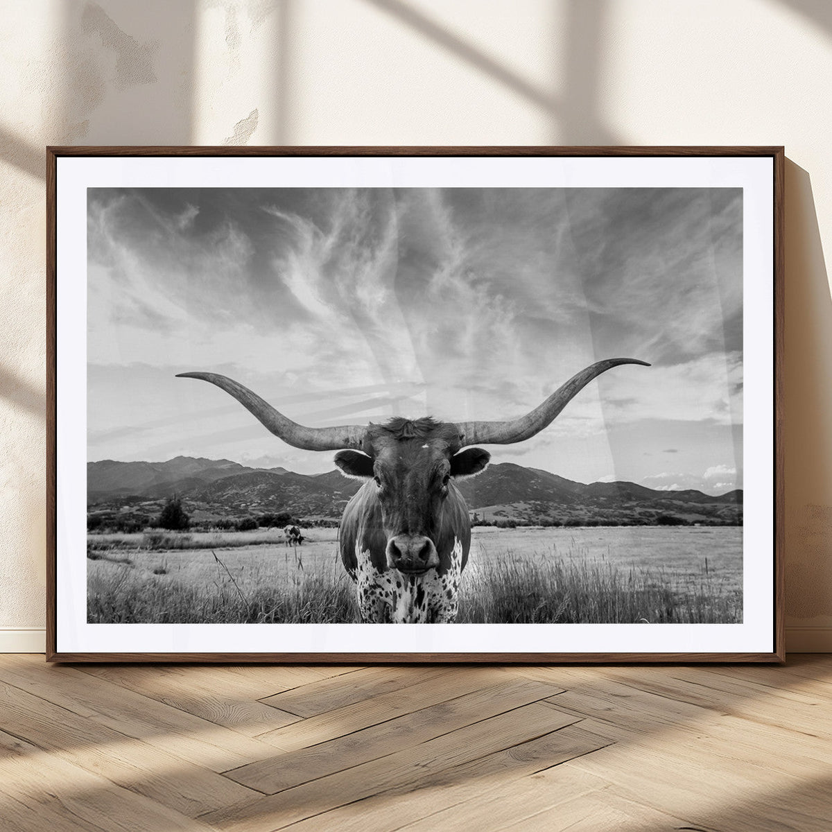 Longhorn Black and White Wall Art – Rustic Western Bull