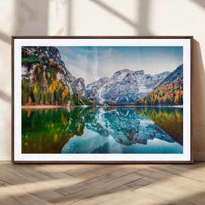 Spectacular autumn view of Braies Lake Wall Art Canvas Print