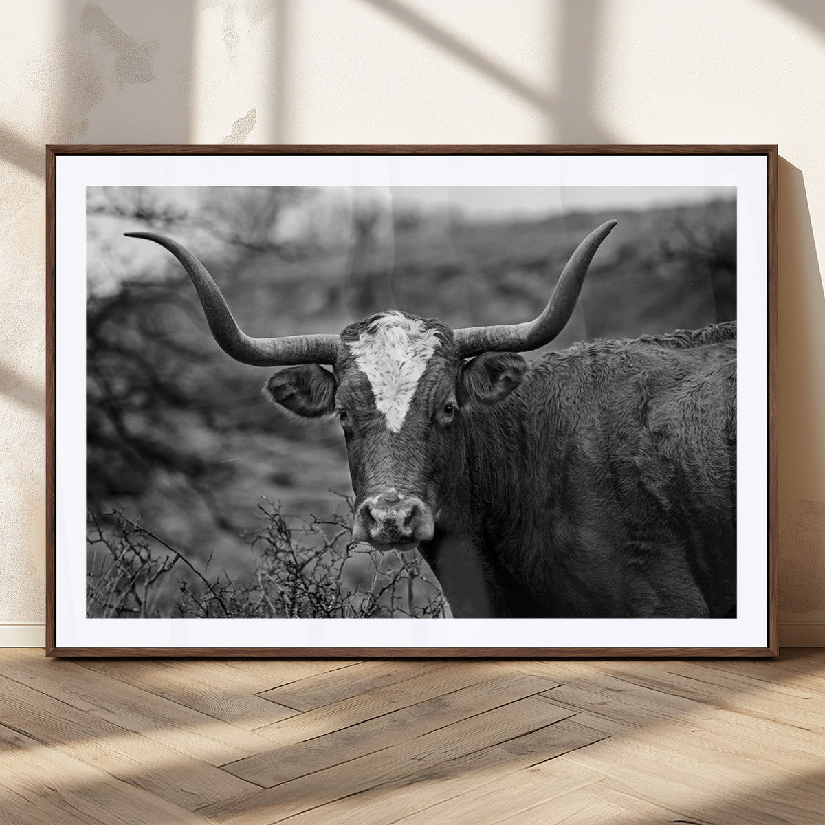 Western Home Wall Art Canvas Print, Framed Texas Longhorn