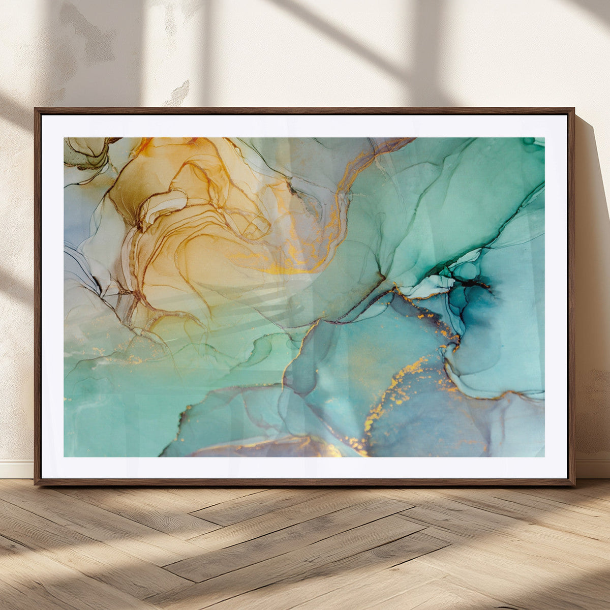 Abstract Aqua and Gold Fluid Wall Art Canvas | 3 Panel Large