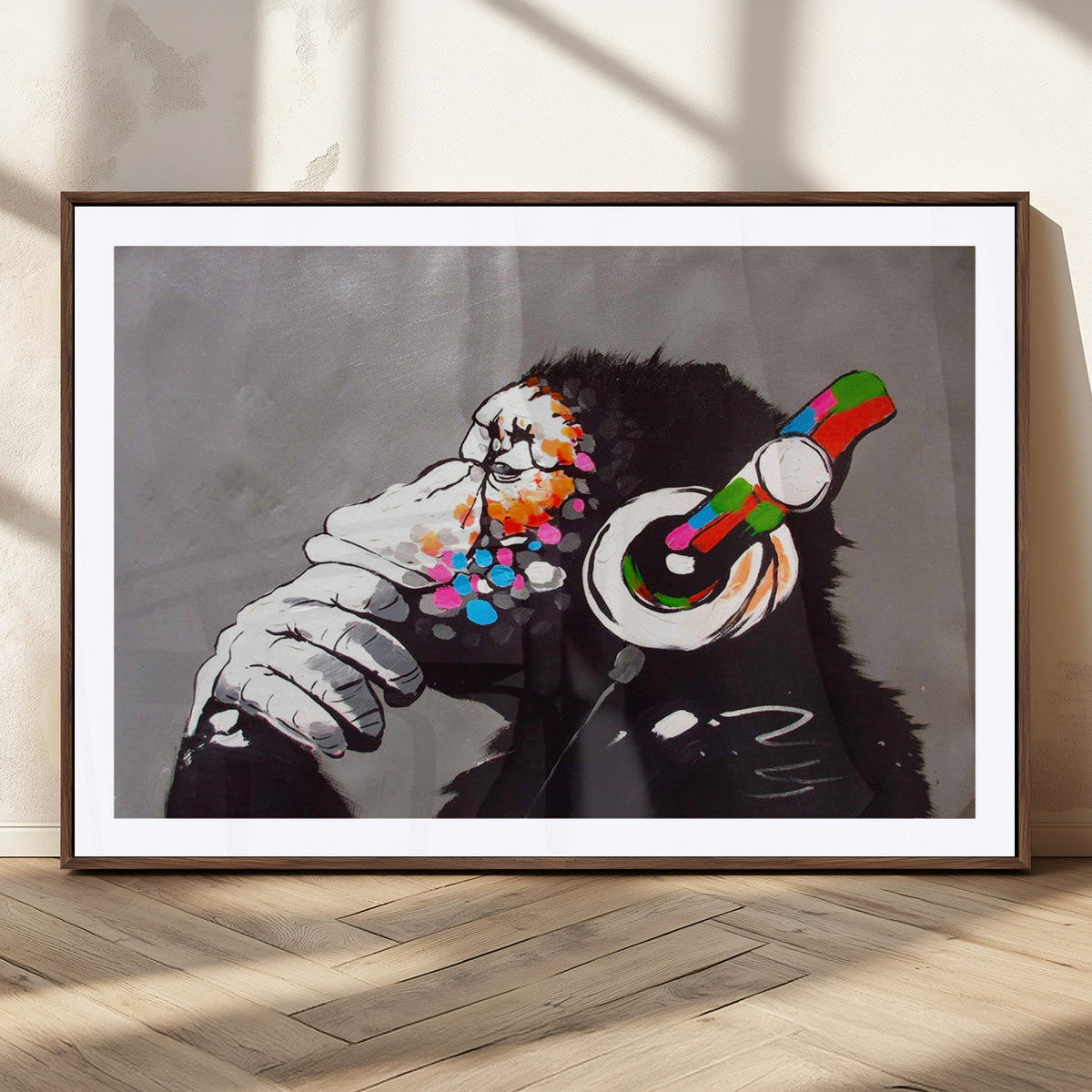 Dj Monkey Listening to Music Wall Art Print | Banksy Monkey