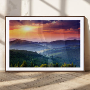 Beautiful Sunset over Hills Forest Landscape Canvas Wall Art