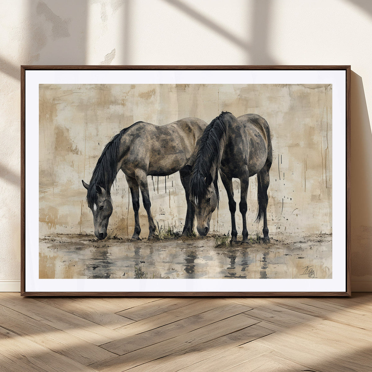 Chinese Style Abstract Black Horses Wall Art Canvas Print -