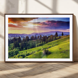Green Hills and Sunset Wall Art Print - Scenic Landscape