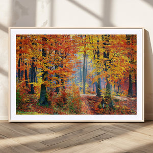Autumn Red Forest Triptych Canvas Wall Art Print, Forest