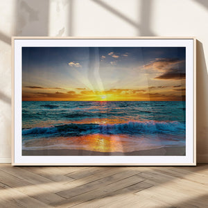 Vibrant Ocean Sunrise Over Golden Beach Waves, Giclee Canvas