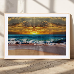 Ocean Sunrise Over Golden Beach Waves, Giclee Canvas Wall