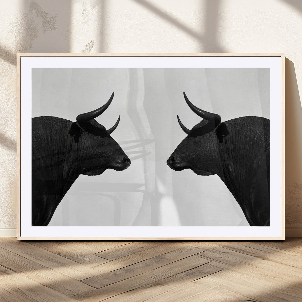 Spanish Bull Art - Framed Black and White Bull Canvas Print