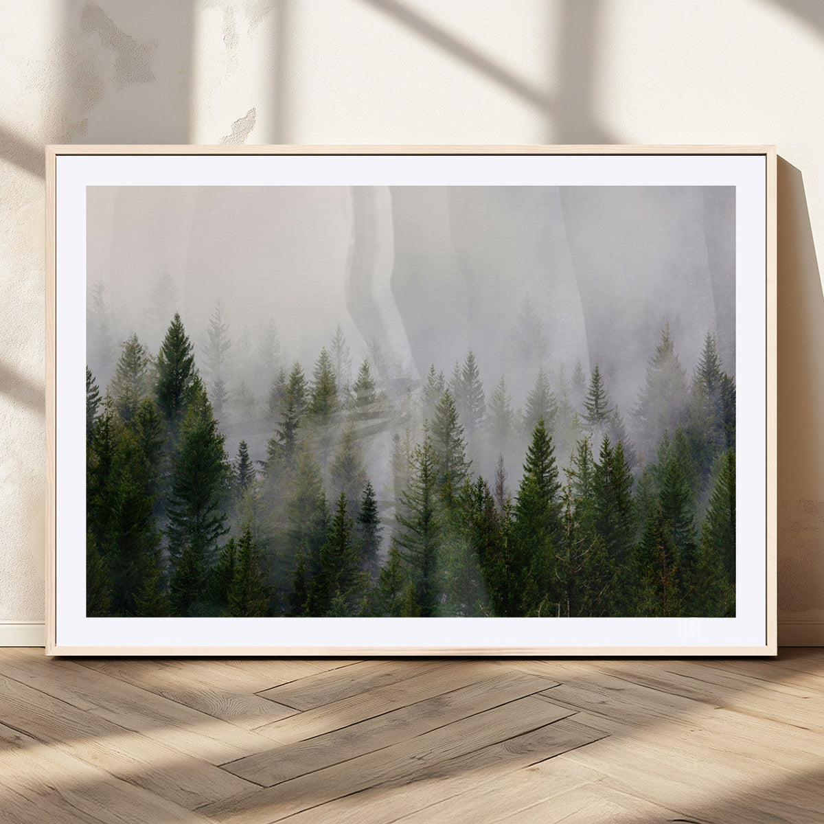 Misty Pine Forest Wall Art Canvas Print | 3 Panel Green