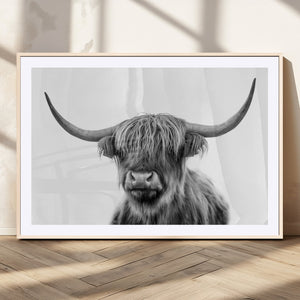 Grayscale Scottish Highland Cow Cattle Art Print Farmhouse