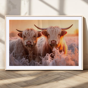 Highland Cows at Sunrise Wall Art Canvas Set – Serene and