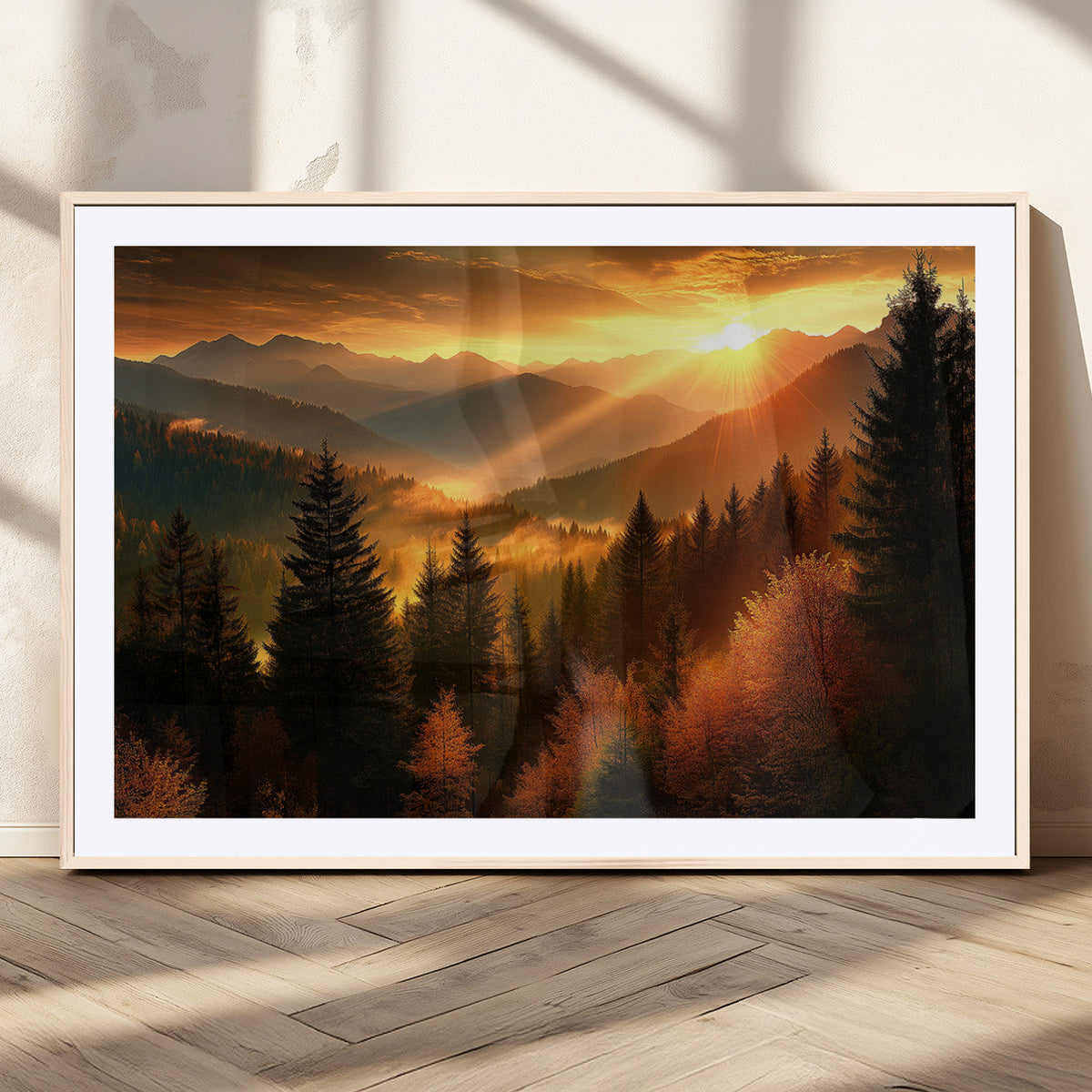 Golden Sunset Over Mountain Forest Canvas Wall Art Print -