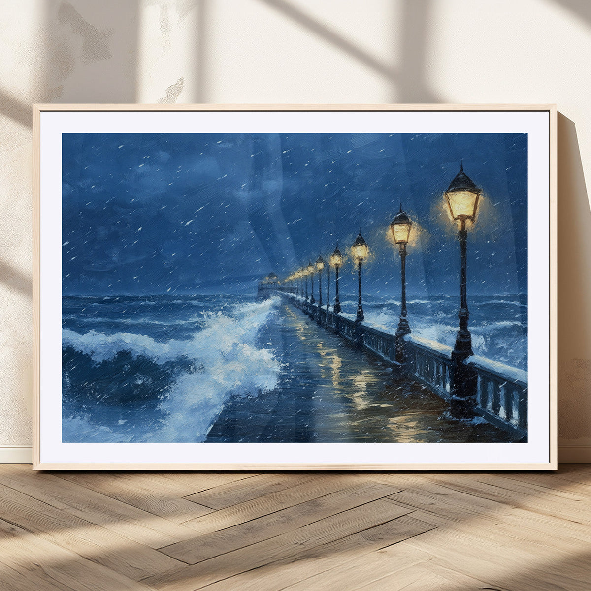 Stormy Ocean Pier Lights Canvas Wall Art Print - Large Moody