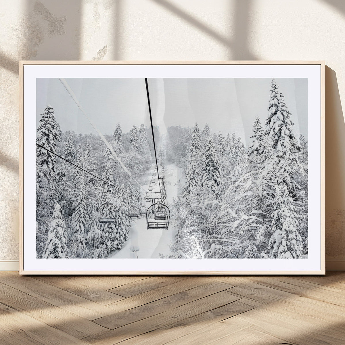 Snowy Ski Lift Wall Art – Framed Winter Mountain Canvas