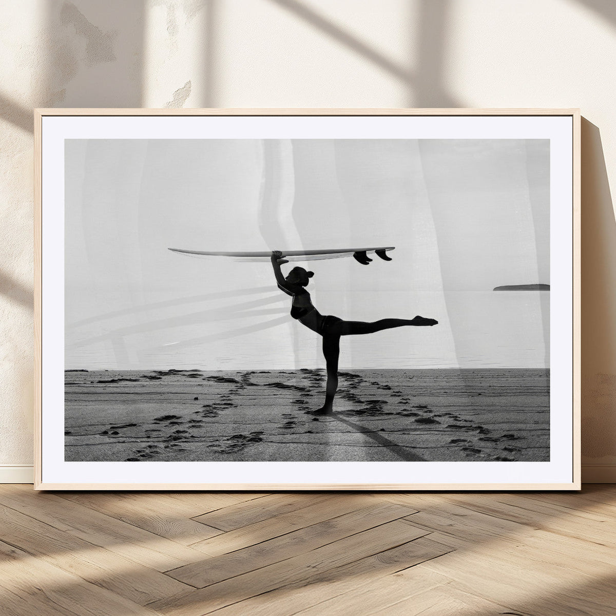 Yoga Surf Wall Art Canvas Print – Framed Black White Shore