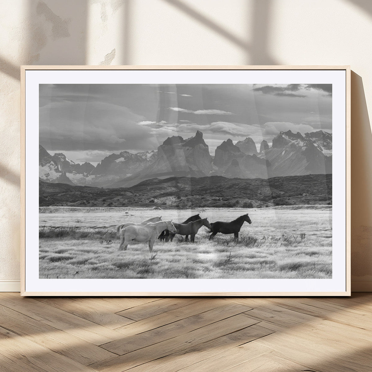 Wild Horses Wall Art Canvas Print – Framed Black and White