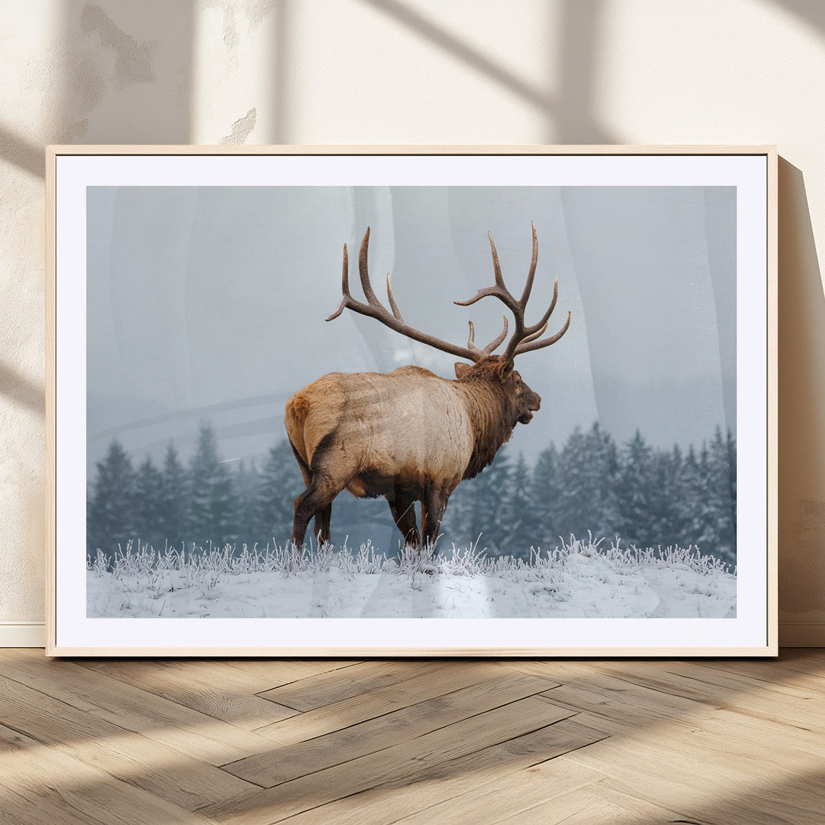 Elk Wall Art Canvas Print – Framed Snowy Forest Scene Art