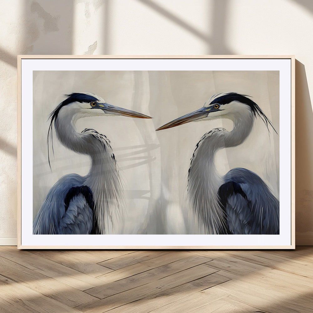 Blue Heron Pair Wall Art Canvas Print, Framed Coastal Bird