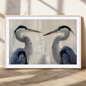 Blue Heron Pair Wall Art Canvas Print, Framed Coastal Bird