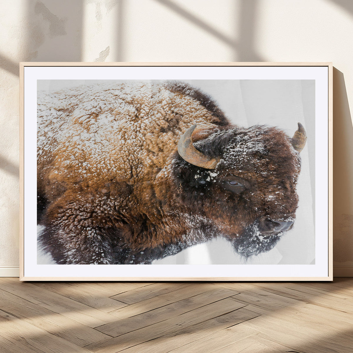Snowy Buffalo Wall Art Canvas Print – Framed Rustic Lodge