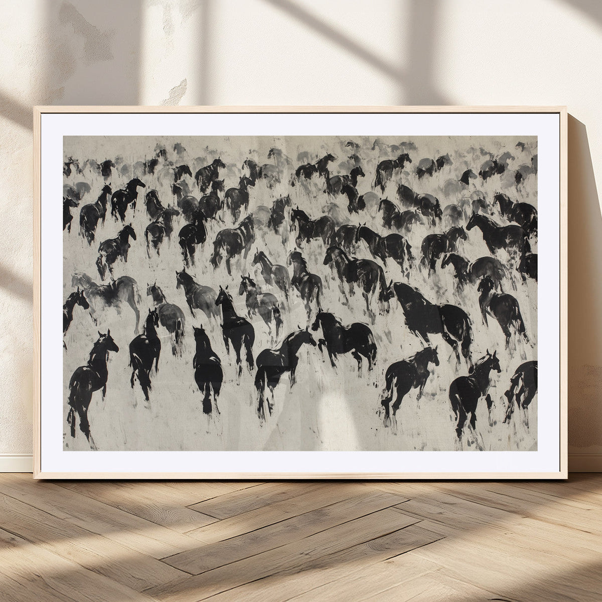 Wild Horse Stampede Wall Art Canvas Print – Monochrome