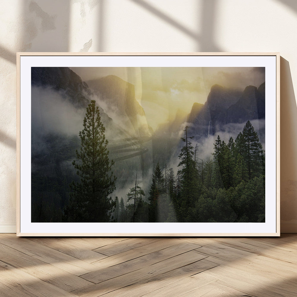 Misty Mountain Valley Wall Art Canvas Print, Golden Sunrise