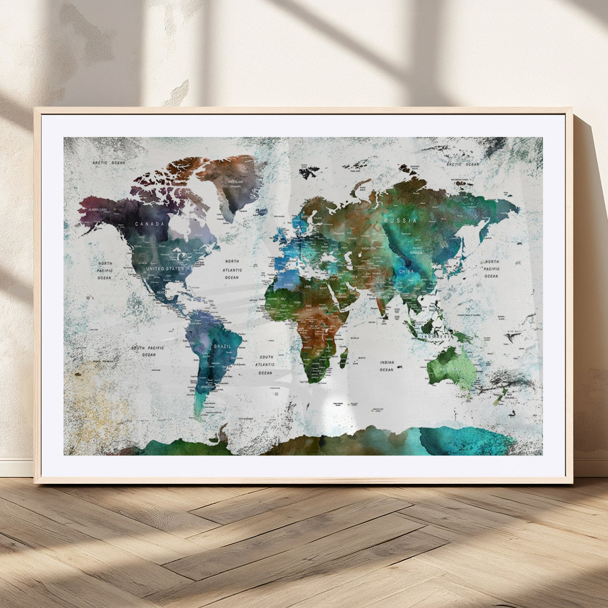 Modern Watercolor World Map Canvas Wall Art – Framed