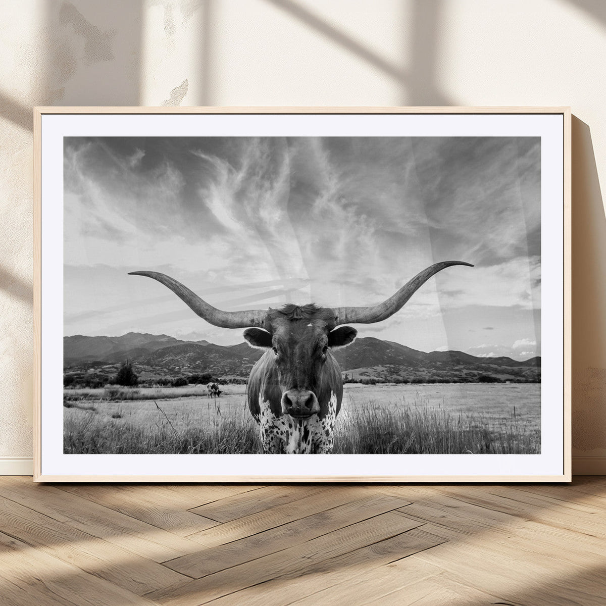 Longhorn Black and White Wall Art – Rustic Western Bull