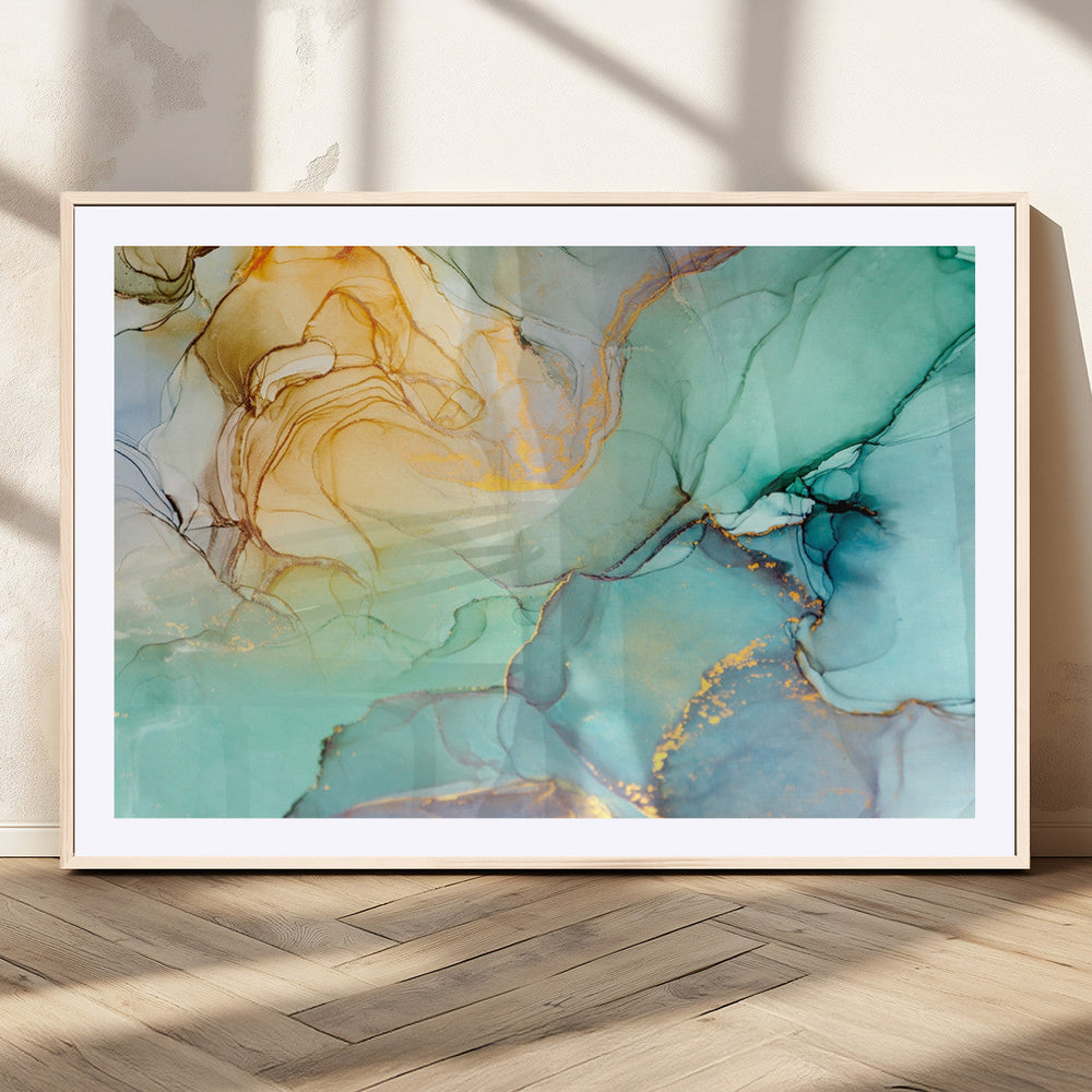 Abstract Aqua and Gold Fluid Wall Art Canvas | 3 Panel Large