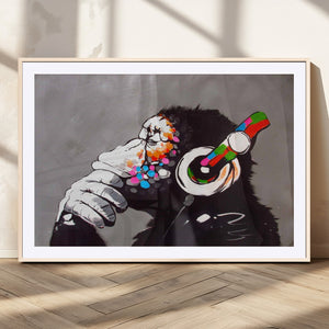 Dj Monkey Listening to Music Wall Art Print | Banksy Monkey