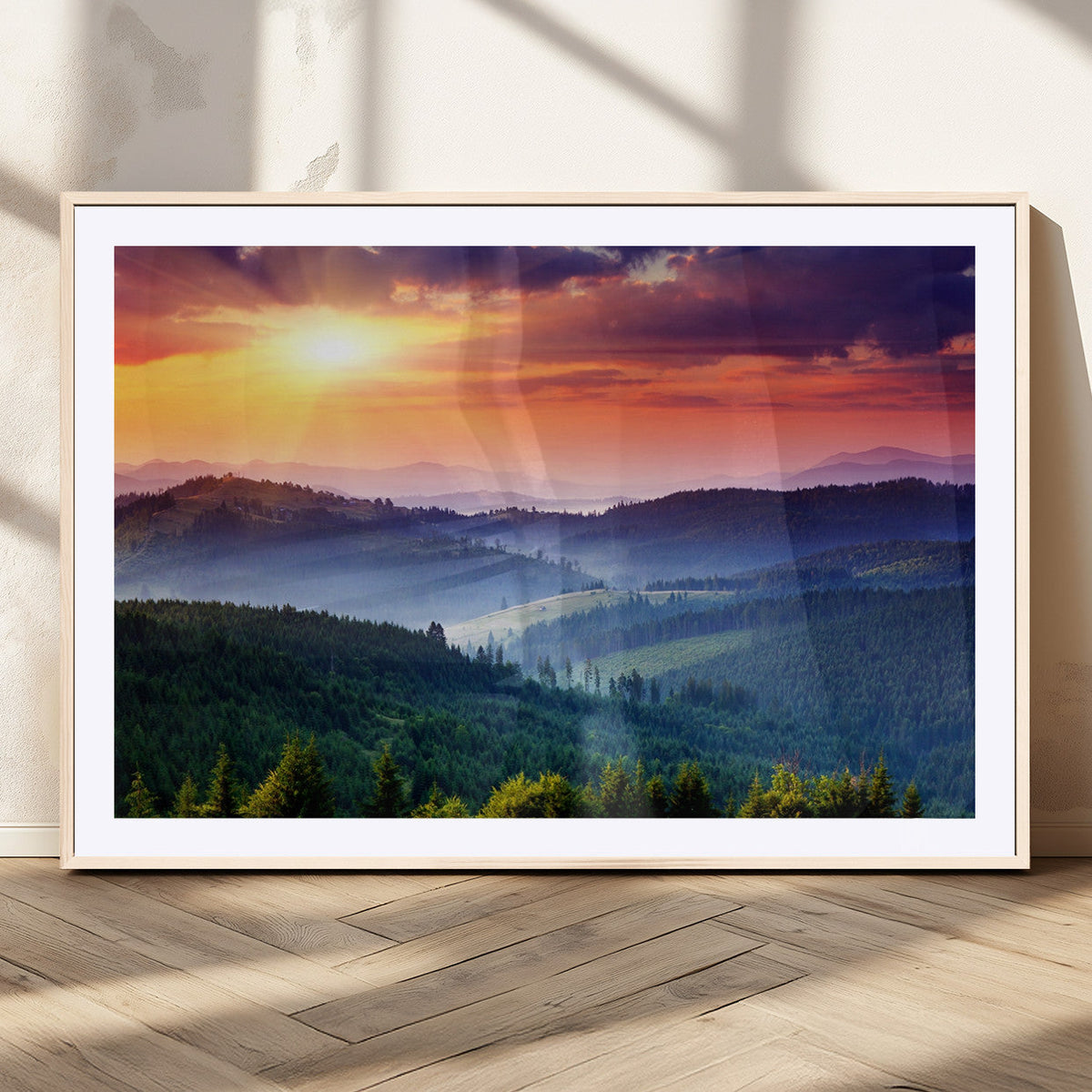 Beautiful Sunset over Hills Forest Landscape Canvas Wall Art