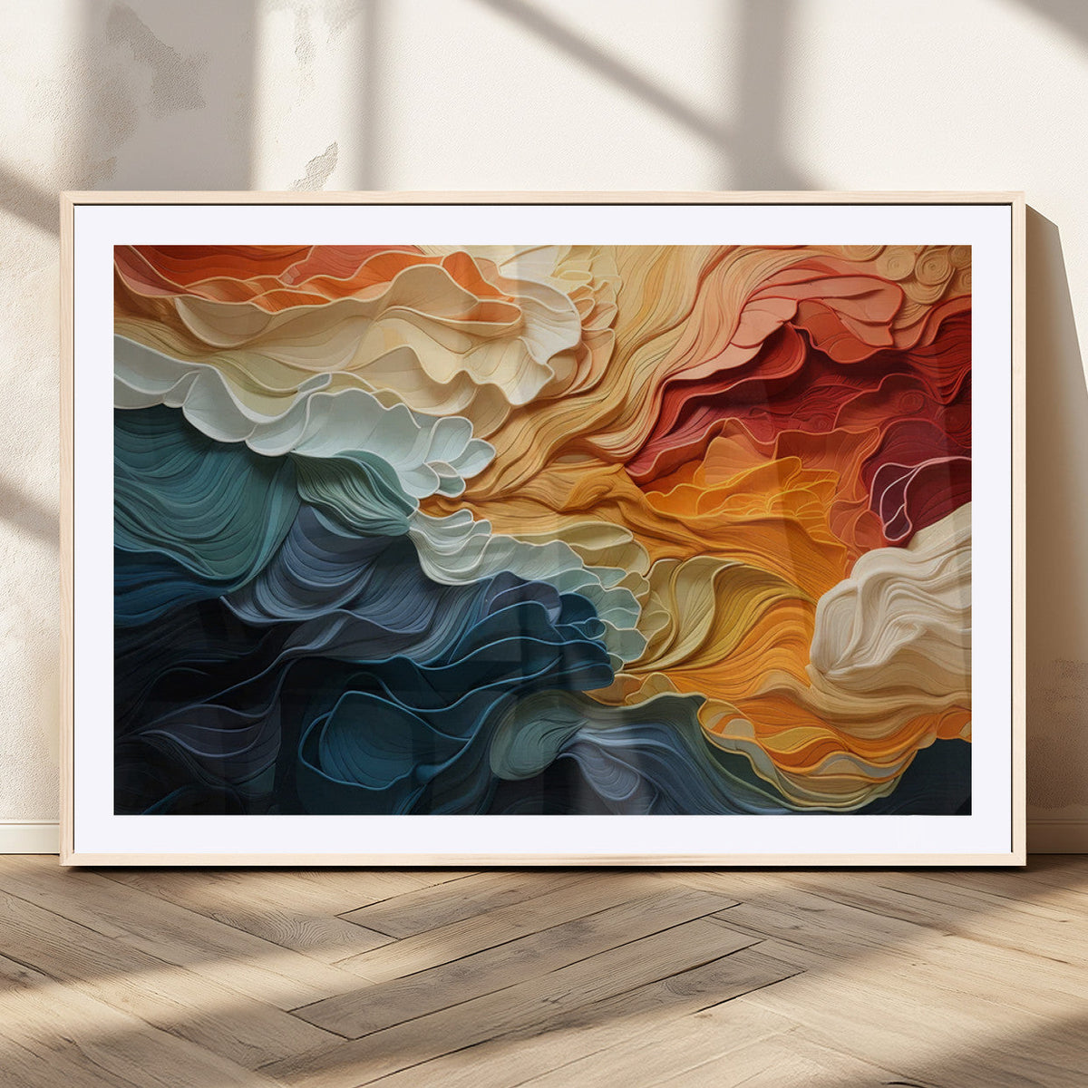 Blue Orange Abstract Wave Wall Art Canvas Print, Framed Blue