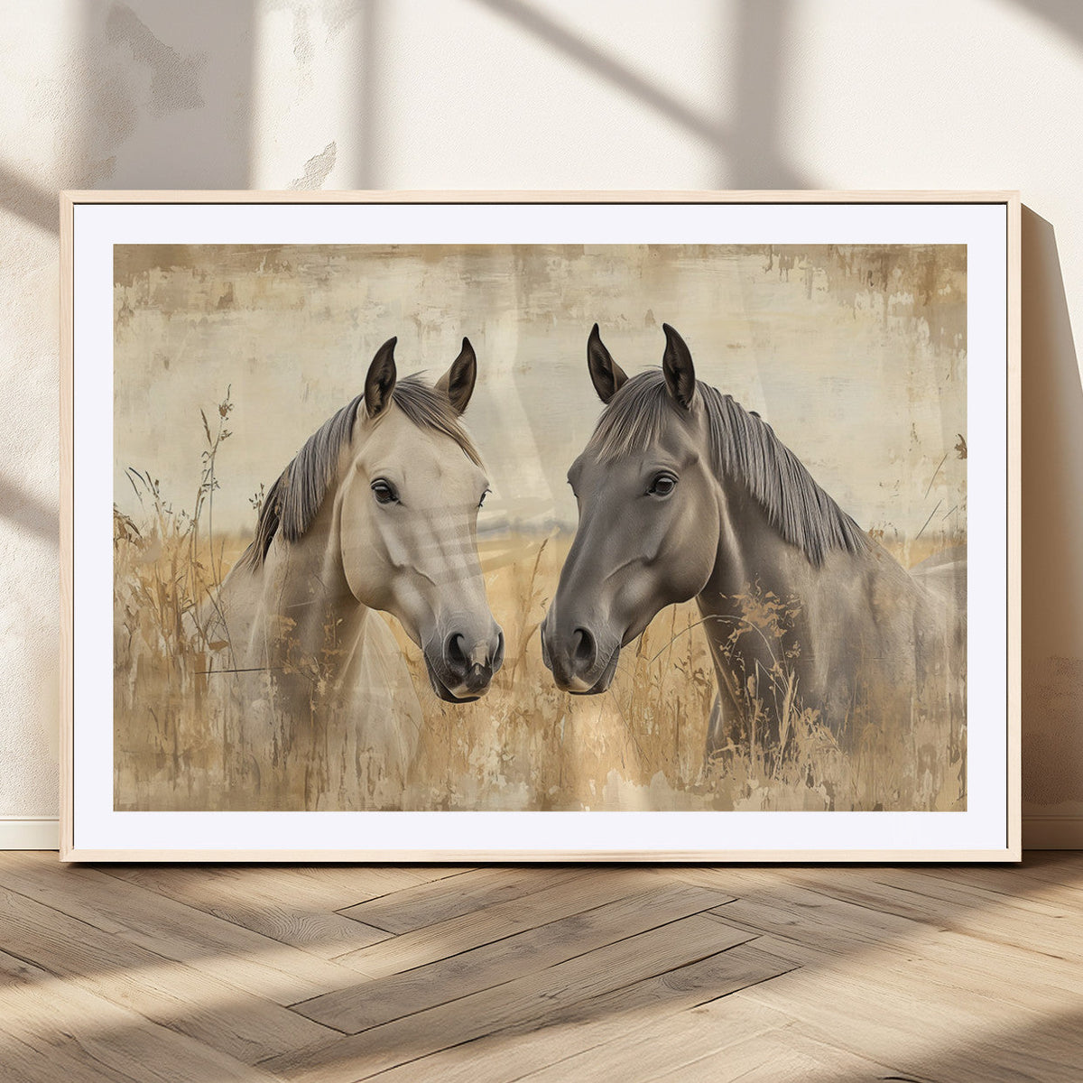 Chines Ink Style Grunge Horses Wall Art Canvas Print