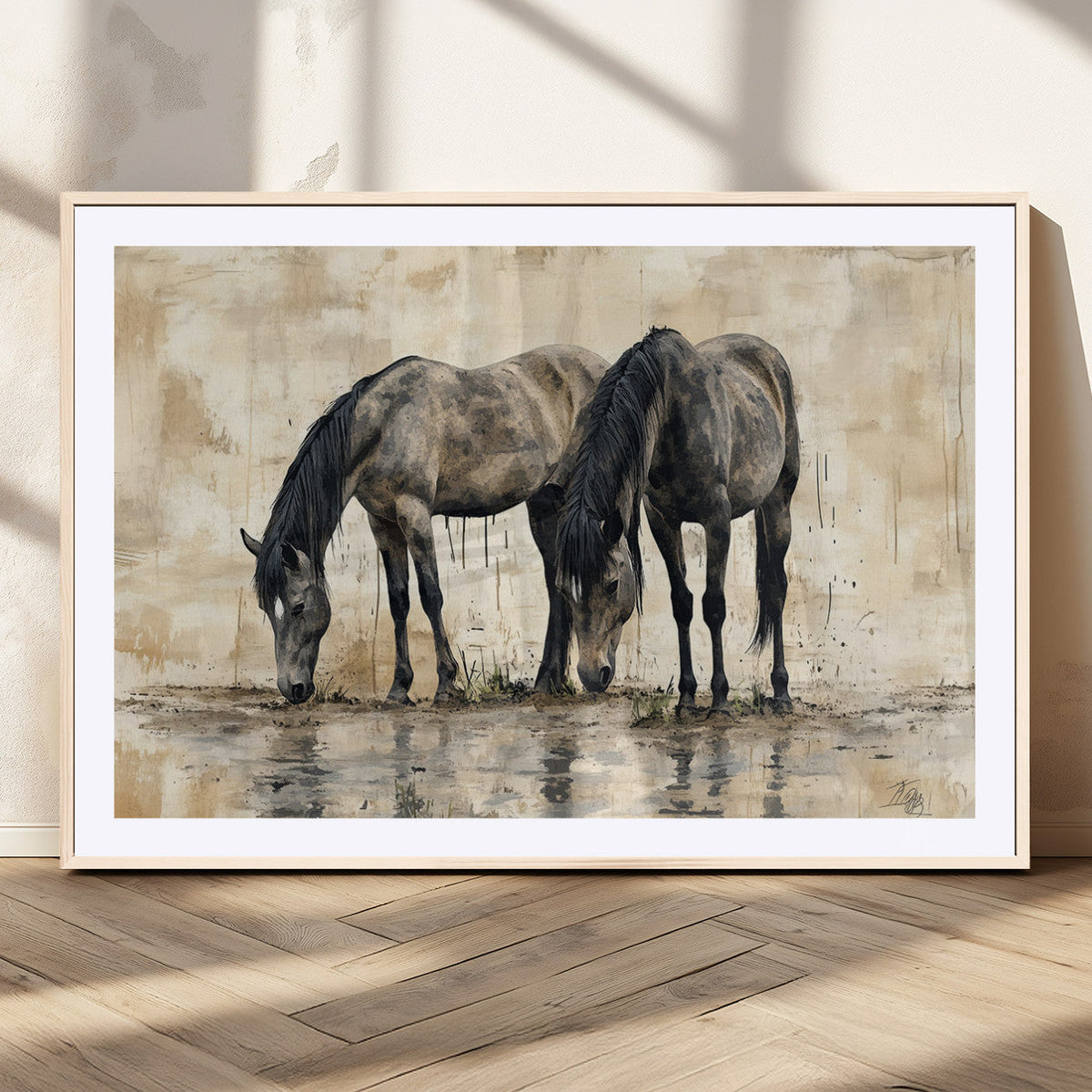 Chinese Style Abstract Black Horses Wall Art Canvas Print -