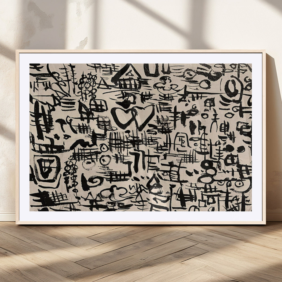 Abstract Love and Chaos Canvas Print, Black Symbols on Beige